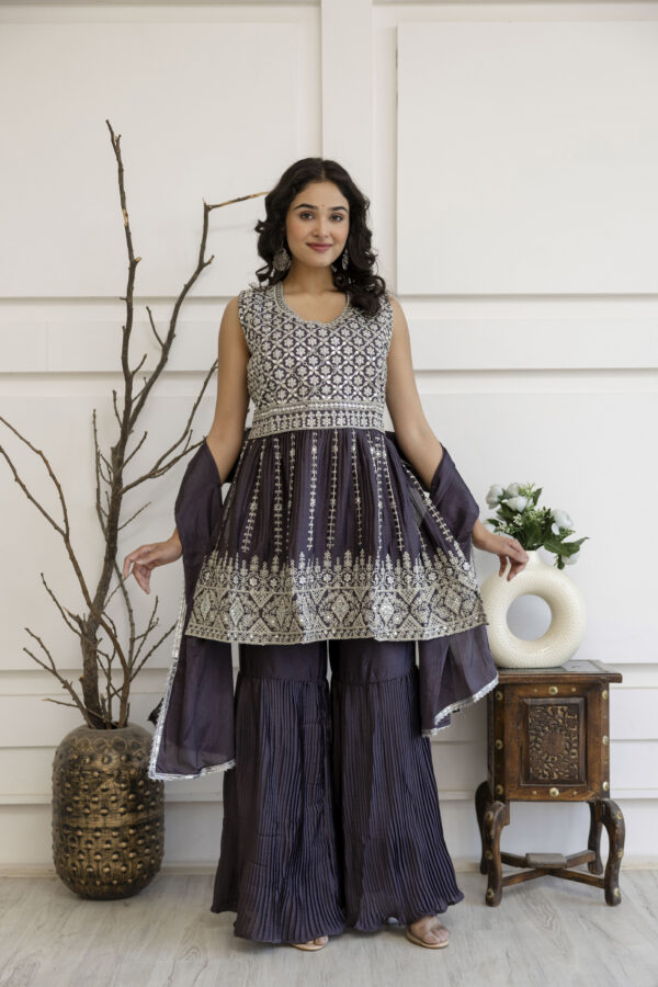 Kadhai Embroidered Kurti with Dori & Miner Detailing, Plain Sharara & Dupatta - Image 5