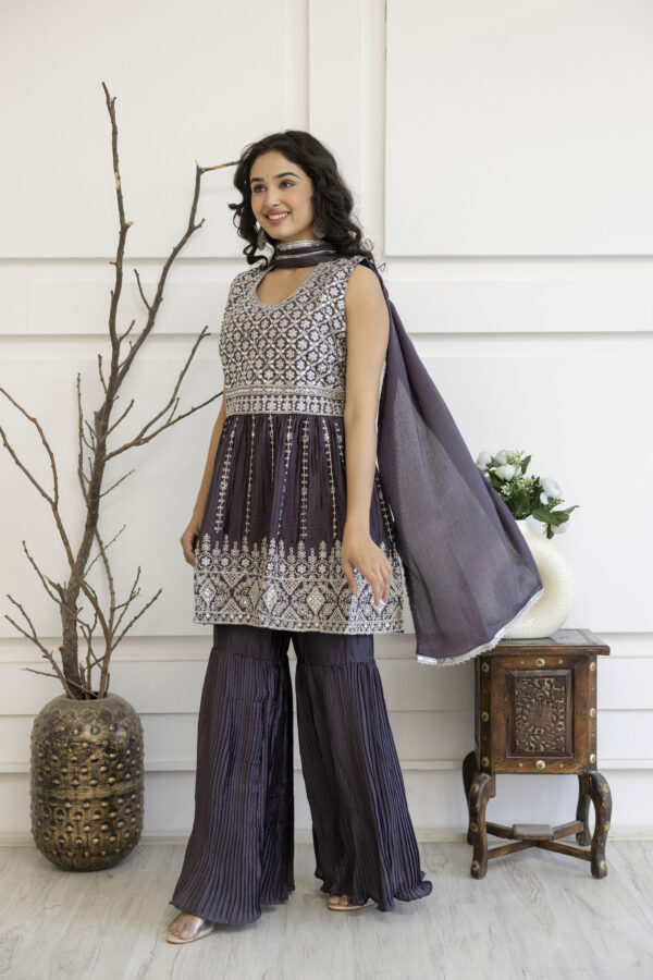 Kadhai Embroidered Kurti with Dori & Miner Detailing, Plain Sharara & Dupatta - Image 6