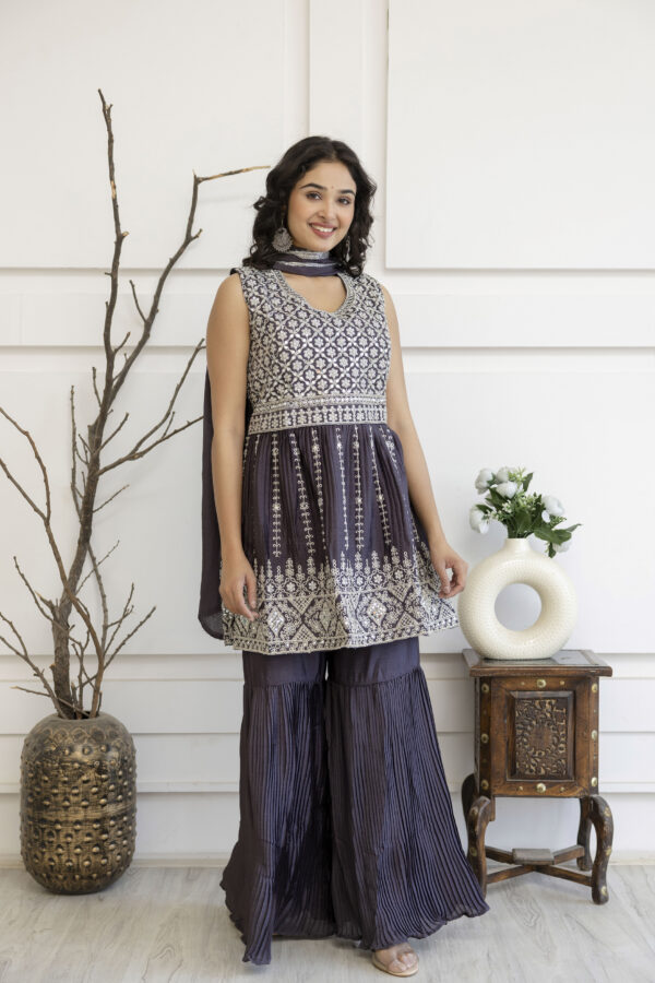 Kadhai Embroidered Kurti with Dori & Miner Detailing, Plain Sharara & Dupatta - Image 7