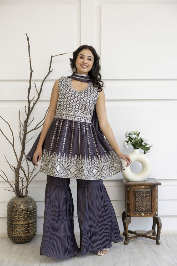 Kadhai Embroidered Kurti with Dori & Miner Detailing, Plain Sharara & Dupatta - Image 8