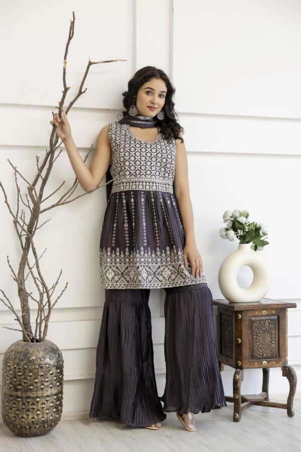 Kadhai Embroidered Kurti with Dori & Miner Detailing, Plain Sharara & Dupatta - Image 9