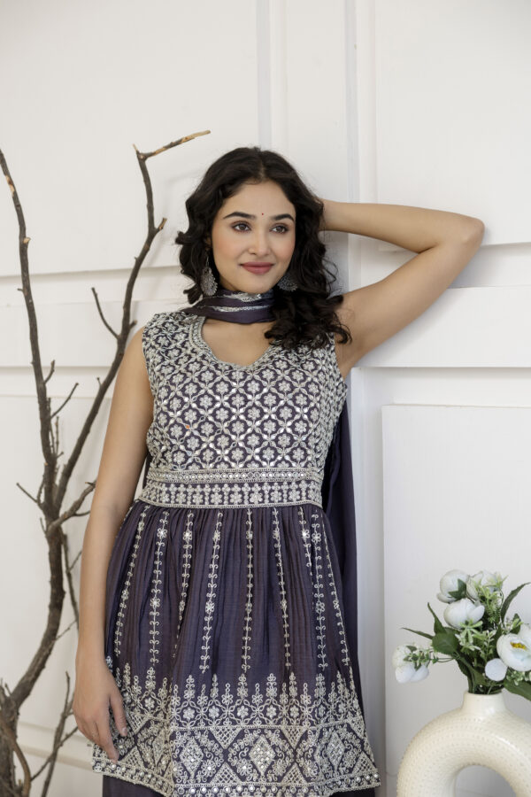 Kadhai Embroidered Kurti with Dori & Miner Detailing, Plain Sharara & Dupatta - Image 10
