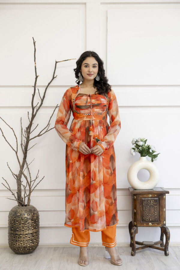 Printed Frock Set with Pintex Work, Round Neck, Four-Side Worked Dupatta & Lace Border Pants - Image 3