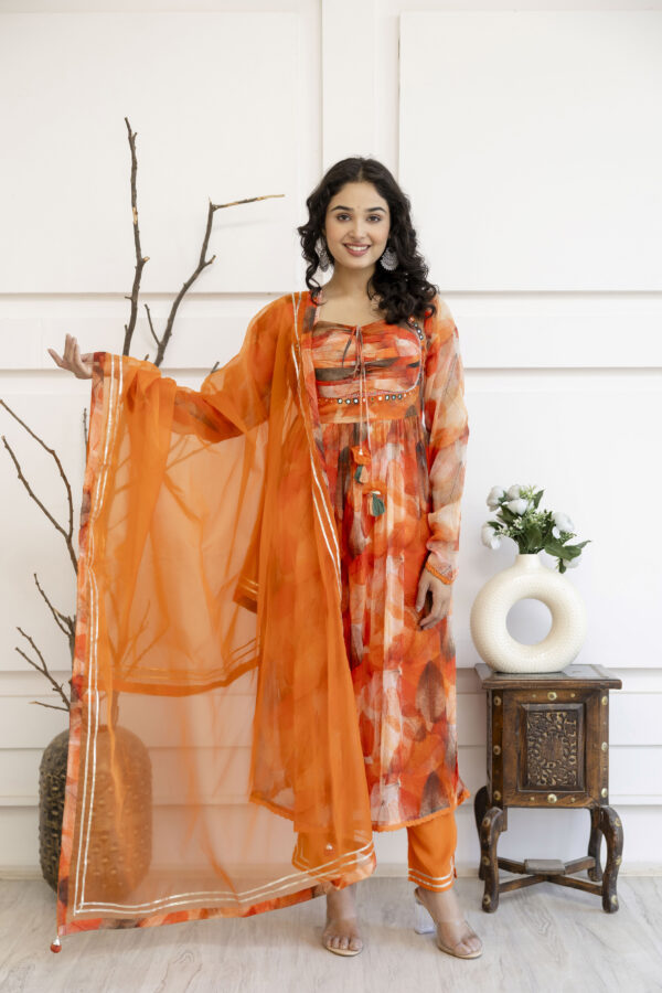 Printed Frock Set with Pintex Work, Round Neck, Four-Side Worked Dupatta & Lace Border Pants - Image 4