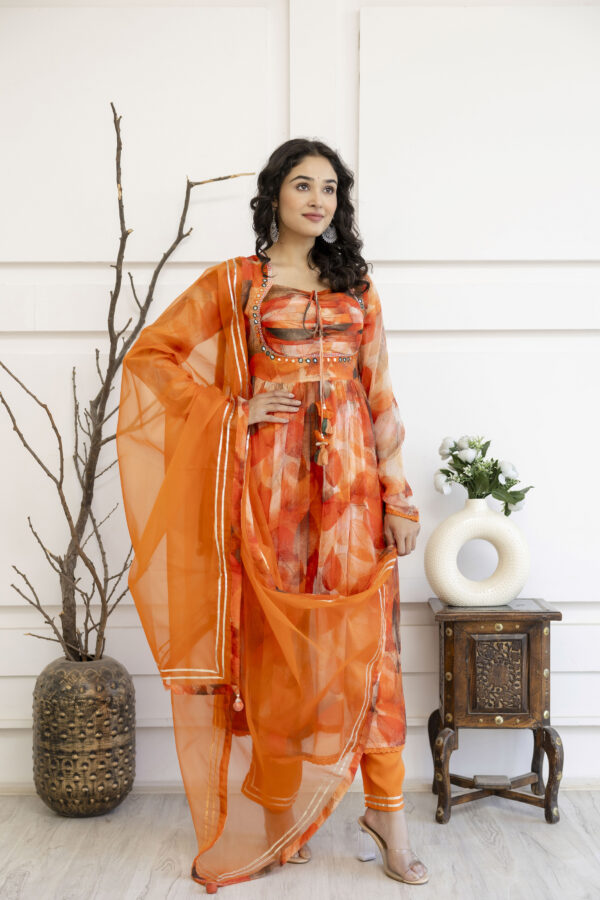 Printed Frock Set with Pintex Work, Round Neck, Four-Side Worked Dupatta & Lace Border Pants - Image 5