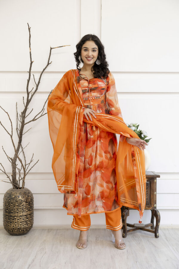 Printed Frock Set with Pintex Work, Round Neck, Four-Side Worked Dupatta & Lace Border Pants - Image 6