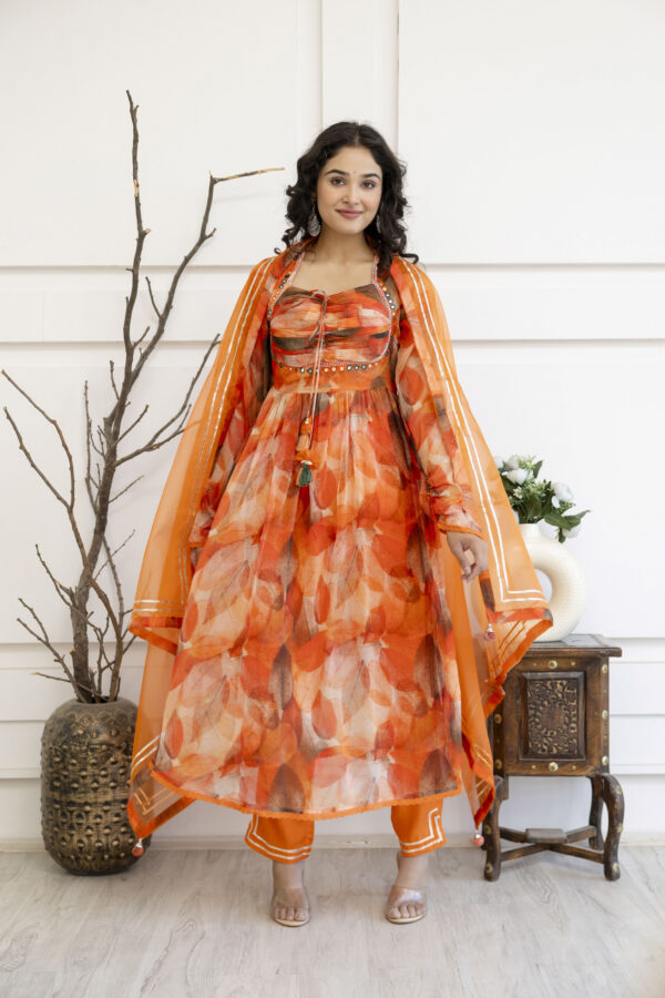 Printed Frock Set with Pintex Work, Round Neck, Four-Side Worked Dupatta & Lace Border Pants - Image 7