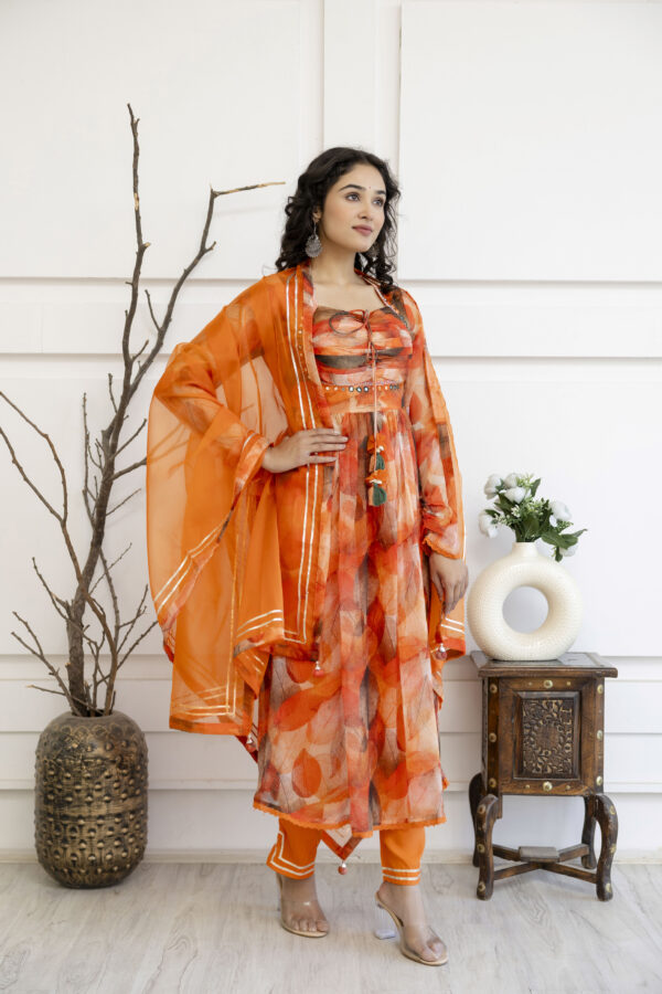 Printed Frock Set with Pintex Work, Round Neck, Four-Side Worked Dupatta & Lace Border Pants - Image 8