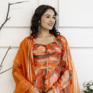 Printed Frock Set with Pintex Work, Round Neck, Four-Side Worked Dupatta & Lace Border Pants