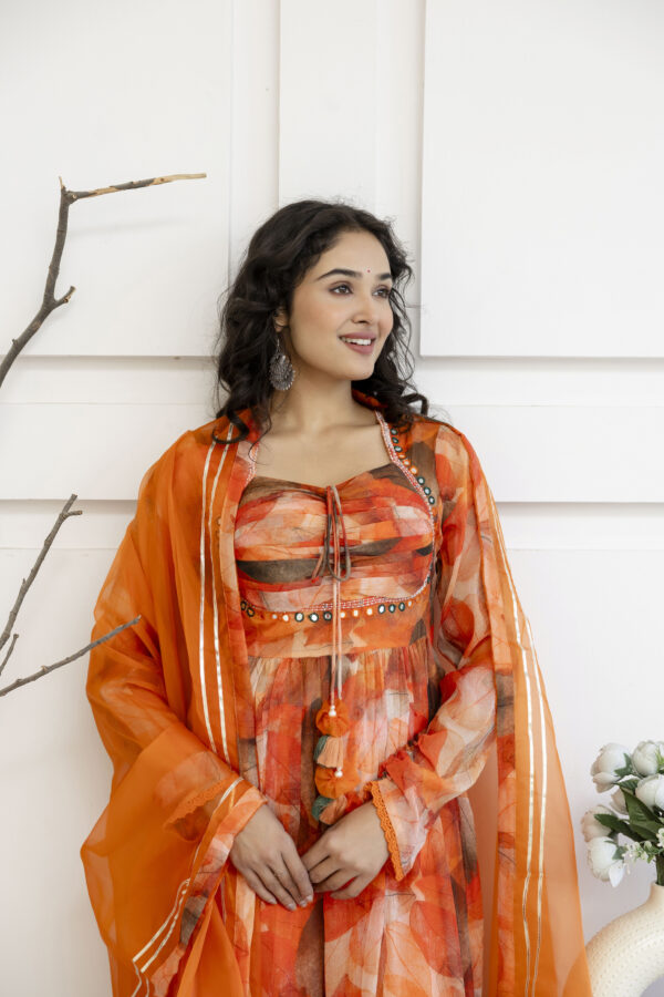 Printed Frock Set with Pintex Work, Round Neck, Four-Side Worked Dupatta & Lace Border Pants