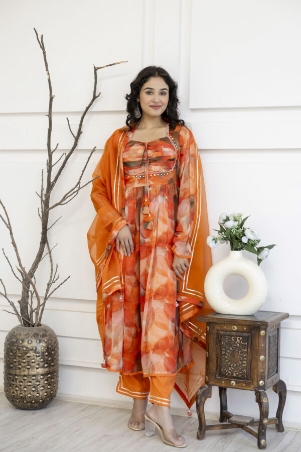 Printed Frock Set with Pintex Work, Round Neck, Four-Side Worked Dupatta & Lace Border Pants - Image 17