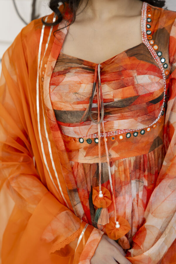 Printed Frock Set with Pintex Work, Round Neck, Four-Side Worked Dupatta & Lace Border Pants - Image 2