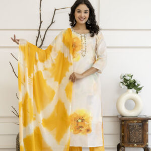 Digital Printed Kurti with Kandana Work, Round Neck, Plain Pants & Double-Toned Dupatta
