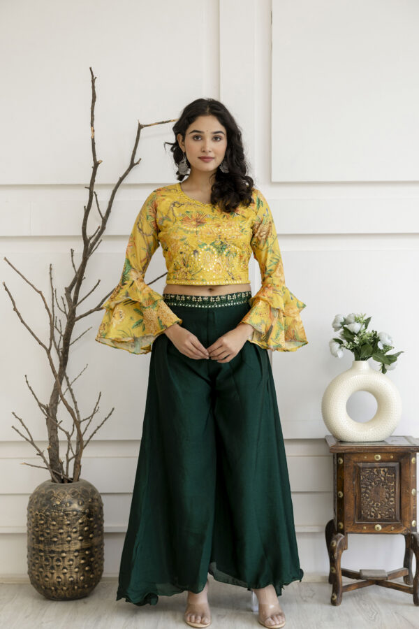 Printed Crop Top with Thread Embellished Palazzo & Sheer Net Dupatta - Image 3