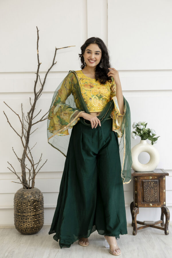 Printed Crop Top with Thread Embellished Palazzo & Sheer Net Dupatta - Image 5