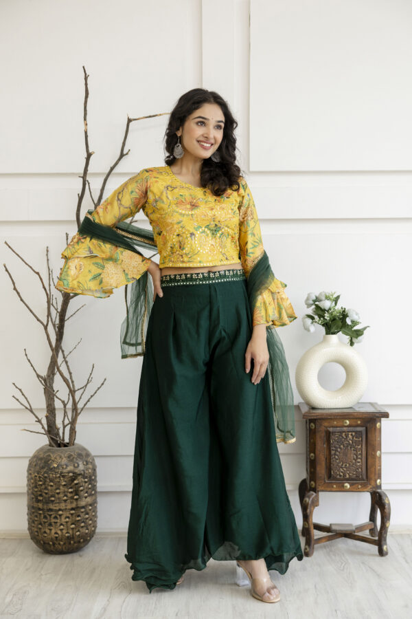 Printed Crop Top with Thread Embellished Palazzo & Sheer Net Dupatta - Image 7