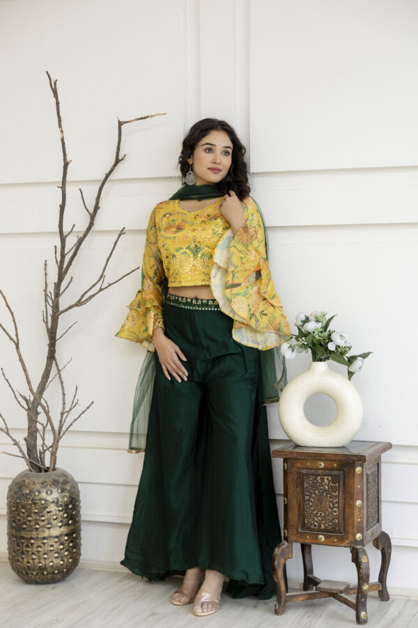 Printed Crop Top with Thread Embellished Palazzo & Sheer Net Dupatta - Image 10