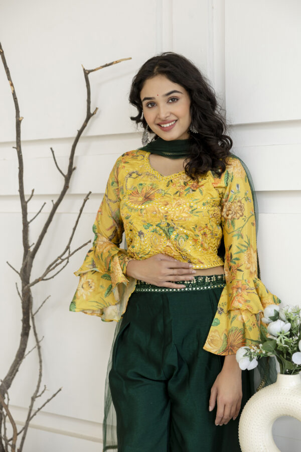 Printed Crop Top with Thread Embellished Palazzo & Sheer Net Dupatta - Image 11