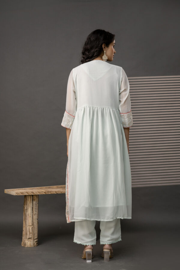 V-Neck Sequence Frock with Plain Trouser & Decorative Embroidered Dupatta - Image 2