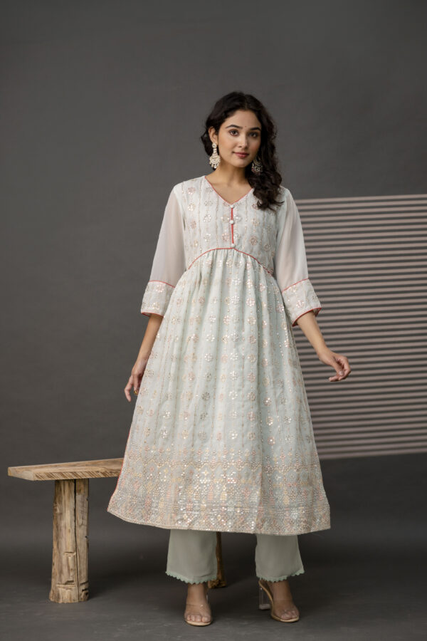V-Neck Sequence Frock with Plain Trouser & Decorative Embroidered Dupatta - Image 3