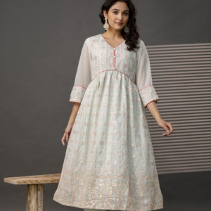 V-Neck Sequence Frock with Plain Trouser & Decorative Embroidered Dupatta