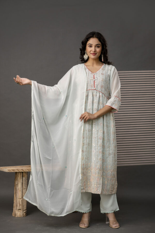 V-Neck Sequence Frock with Plain Trouser & Decorative Embroidered Dupatta - Image 4