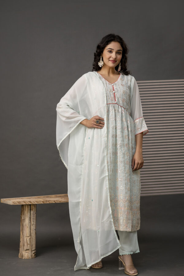 V-Neck Sequence Frock with Plain Trouser & Decorative Embroidered Dupatta - Image 5