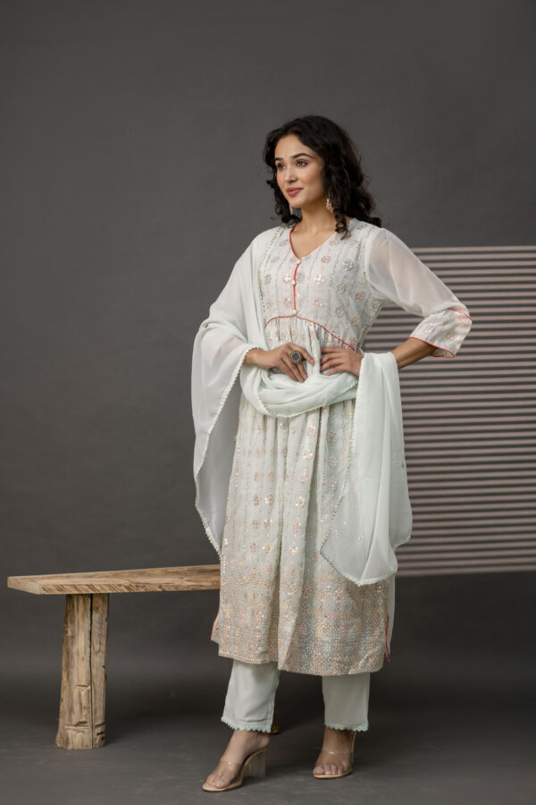 V-Neck Sequence Frock with Plain Trouser & Decorative Embroidered Dupatta - Image 6