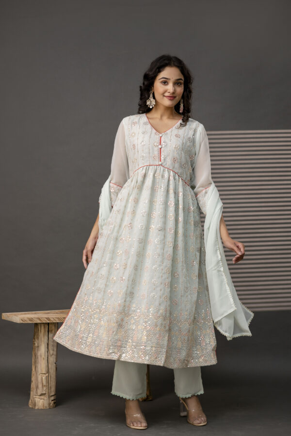 V-Neck Sequence Frock with Plain Trouser & Decorative Embroidered Dupatta - Image 7