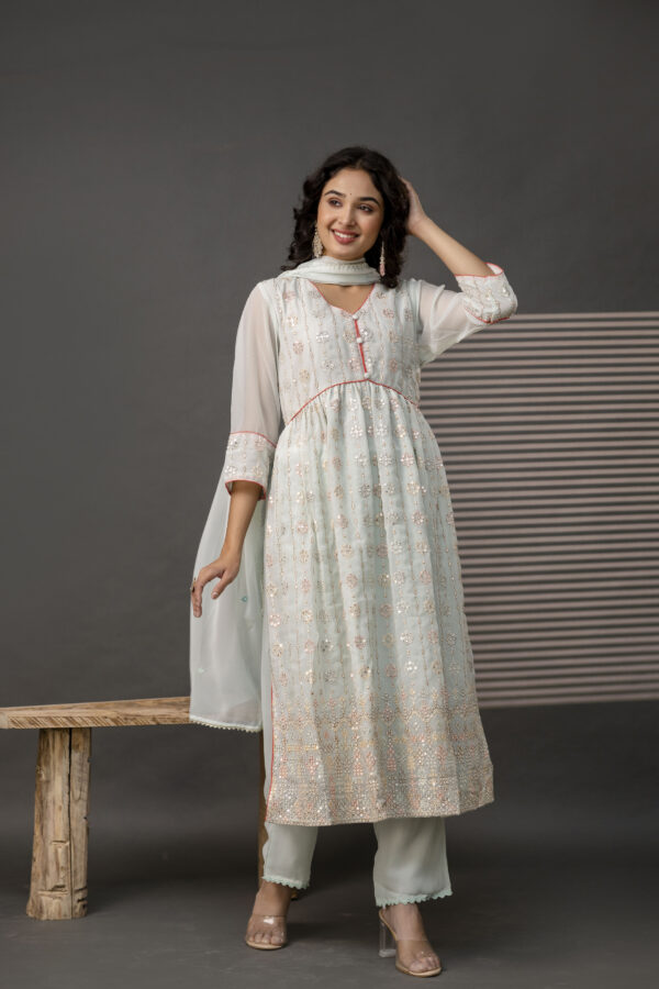 V-Neck Sequence Frock with Plain Trouser & Decorative Embroidered Dupatta - Image 8
