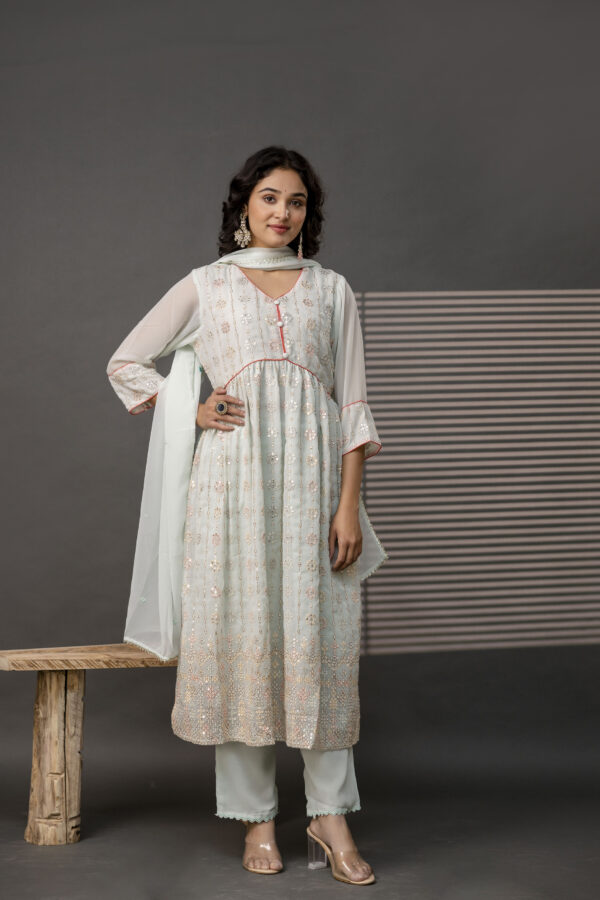 V-Neck Sequence Frock with Plain Trouser & Decorative Embroidered Dupatta - Image 9