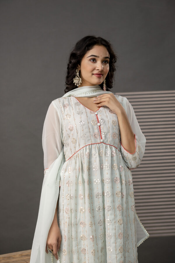 V-Neck Sequence Frock with Plain Trouser & Decorative Embroidered Dupatta - Image 11