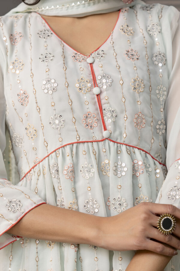 V-Neck Sequence Frock with Plain Trouser & Decorative Embroidered Dupatta - Image 12