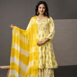 : Embellished Round Neck Frock with Printed Cotton Sharara & Dual-Toned Chiffon Dupatta