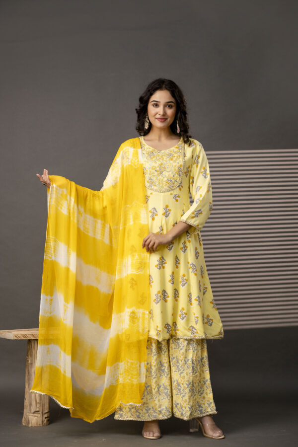 : Embellished Round Neck Frock with Printed Cotton Sharara & Dual-Toned Chiffon Dupatta