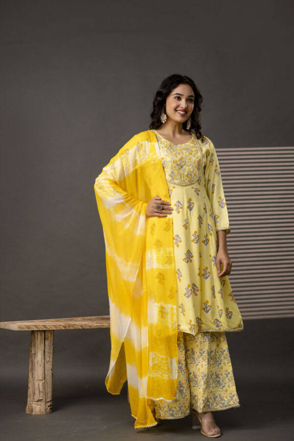 : Embellished Round Neck Frock with Printed Cotton Sharara & Dual-Toned Chiffon Dupatta - Image 7