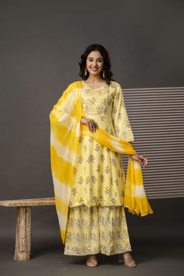 : Embellished Round Neck Frock with Printed Cotton Sharara & Dual-Toned Chiffon Dupatta - Image 6
