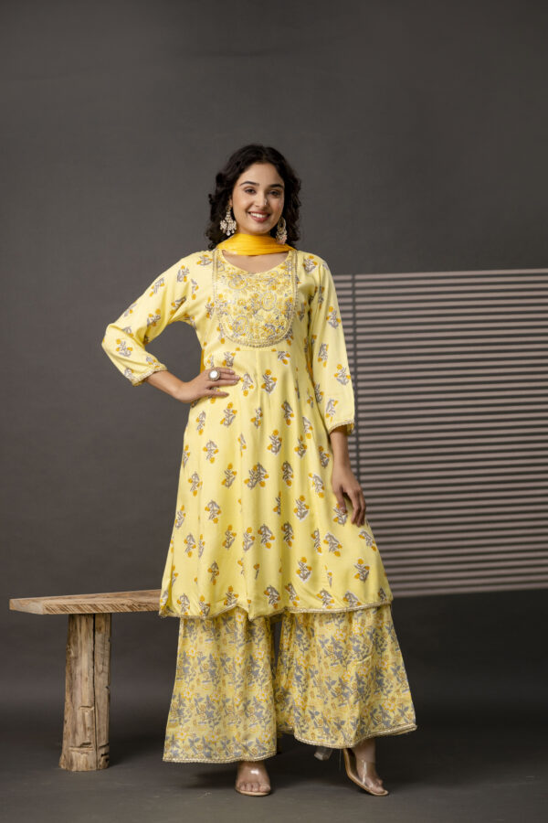 : Embellished Round Neck Frock with Printed Cotton Sharara & Dual-Toned Chiffon Dupatta - Image 5