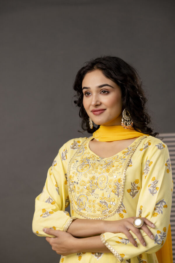 : Embellished Round Neck Frock with Printed Cotton Sharara & Dual-Toned Chiffon Dupatta - Image 4