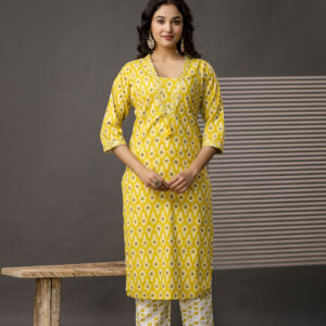 V-Neck Kurti with Thread Embroidery, Printed Trouser & Dupatta