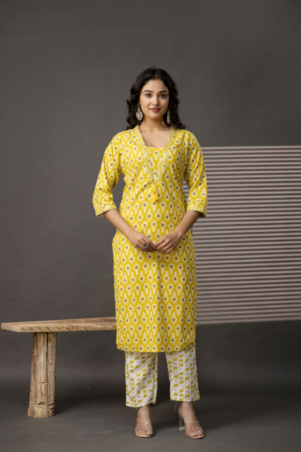 V-Neck Kurti with Thread Embroidery, Printed Trouser & Dupatta