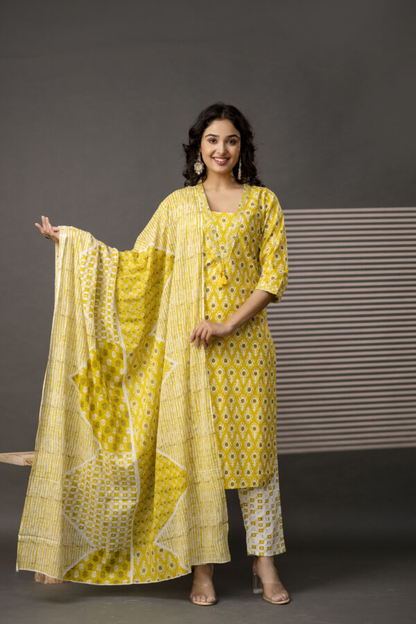 V-Neck Kurti with Thread Embroidery, Printed Trouser & Dupatta - Image 8