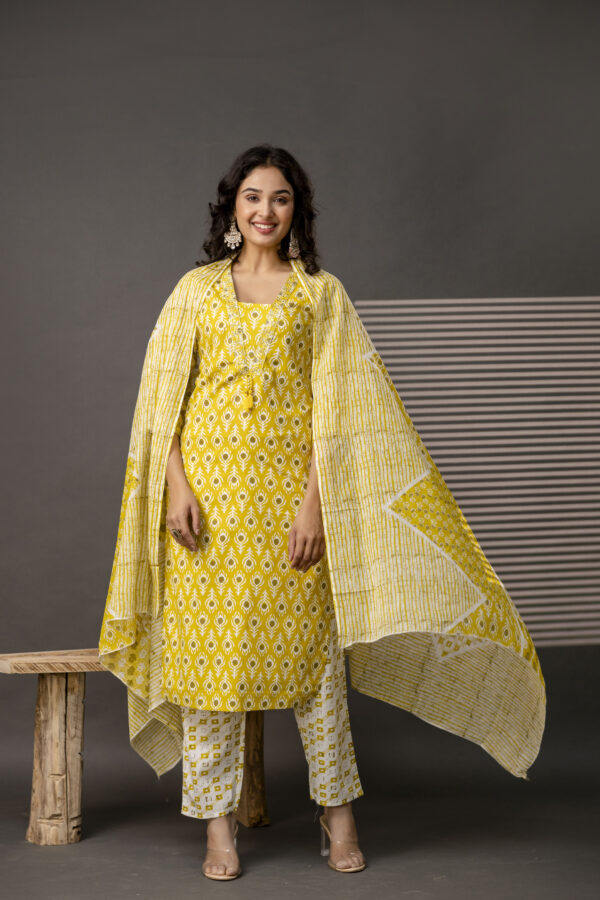 V-Neck Kurti with Thread Embroidery, Printed Trouser & Dupatta - Image 5