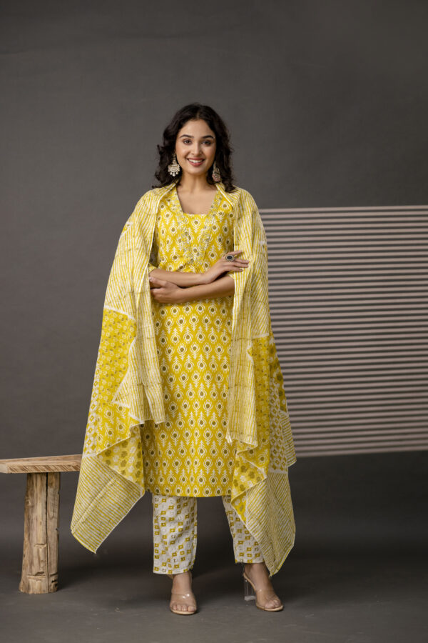 V-Neck Kurti with Thread Embroidery, Printed Trouser & Dupatta - Image 4