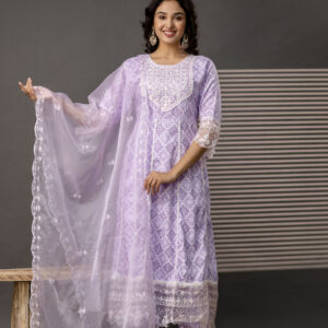 Stylish Printed Frock with Thread Embroidery, Coordinated Trouser & Embellished Dupatta
