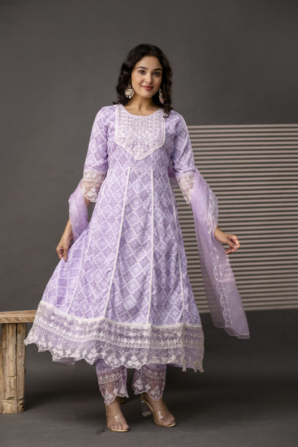 Stylish Printed Frock with Thread Embroidery, Coordinated Trouser & Embellished Dupatta - Image 6