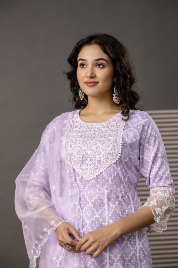Stylish Printed Frock with Thread Embroidery, Coordinated Trouser & Embellished Dupatta - Image 4