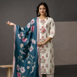 Printed Kurti with Jari Detailing, Plain Trousers & Decorative Dupatta