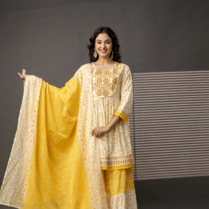 Product Name: Cotton Thread Worked Kurti with Printed Sharara & Dupatta