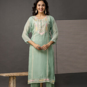 Resham Worked Kurti with Round Neck, Thread Worked Dupatta & Plain Pants
